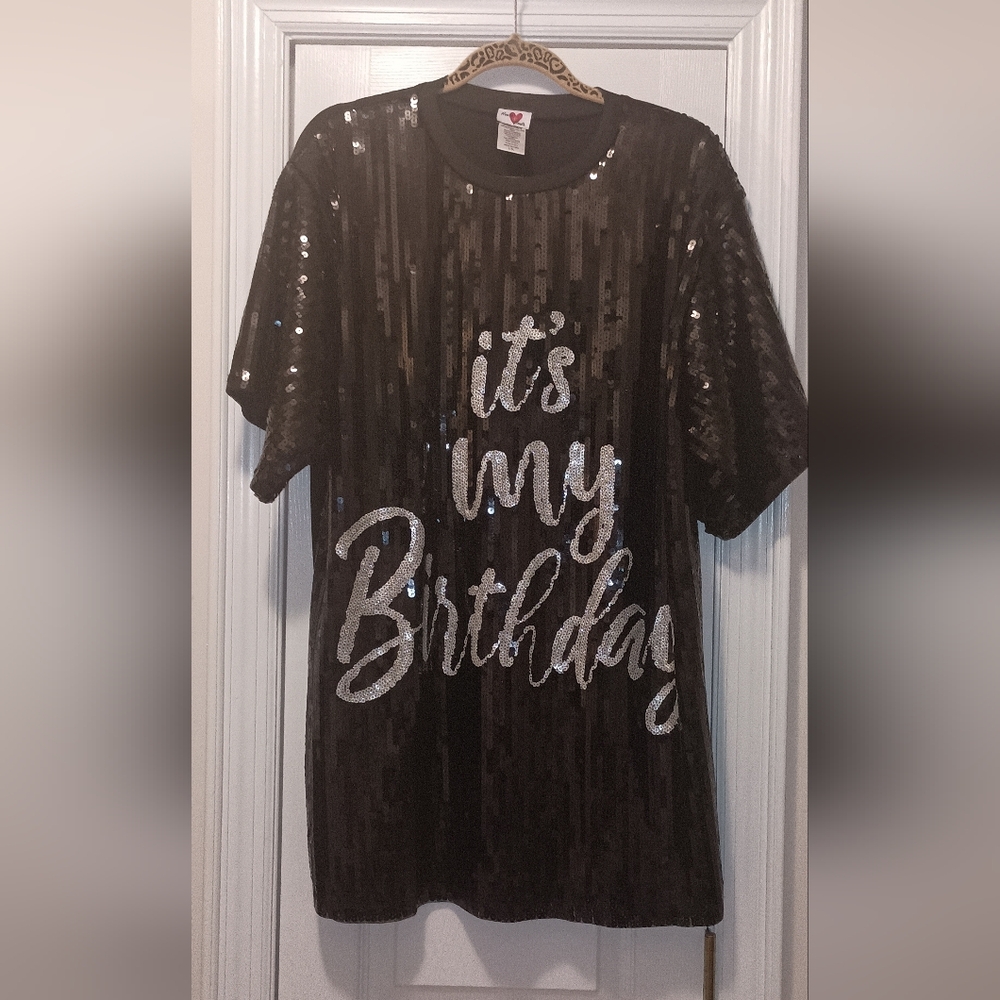 Hearts Heels It's My Birthday Black Silver Sequin Tunic Top Large